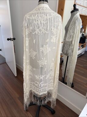 Ivory Burnout Velvet Floral Lace Fringe Shawl - Lightweight Draped Wrap 42”+